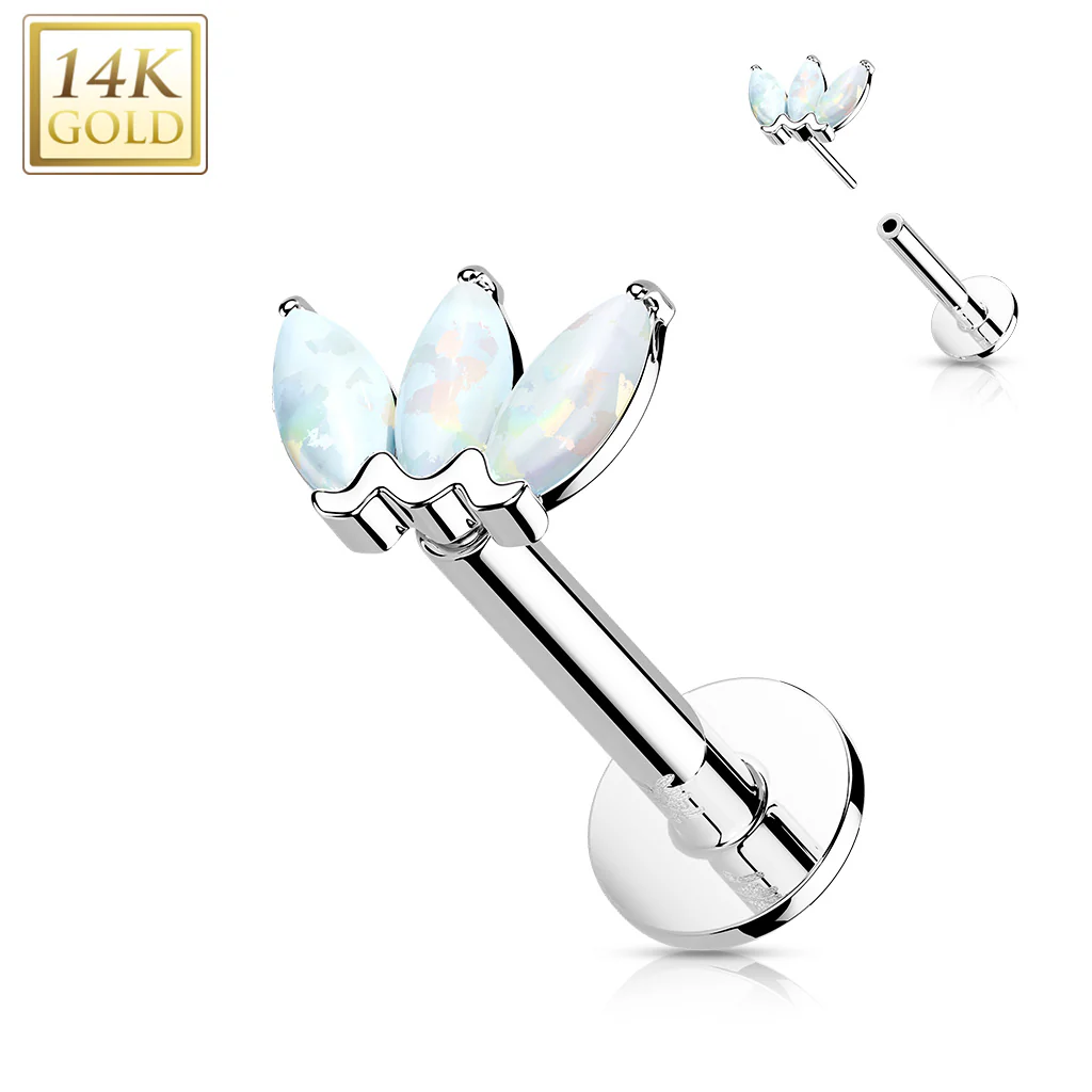 14K Solid Gold Threadless Opal Marquise Top Labret Flat Back Stud - Image 4