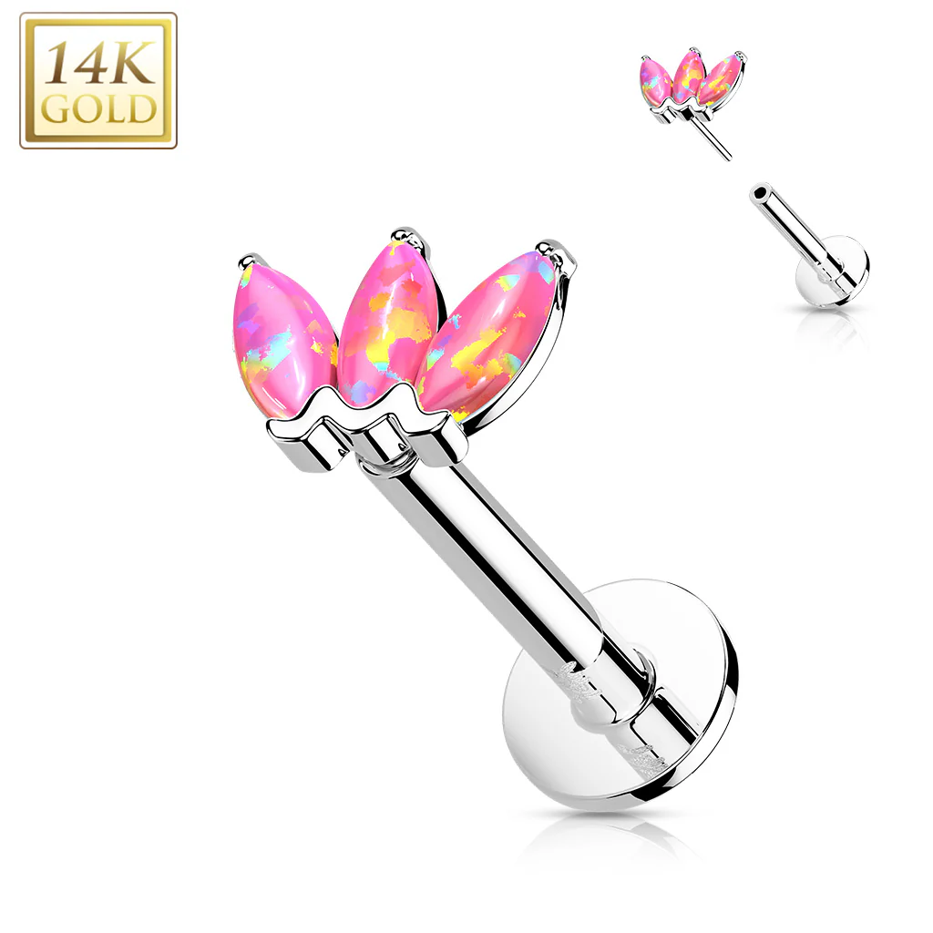 14K Solid Gold Threadless Opal Marquise Top Labret Flat Back Stud - Image 5