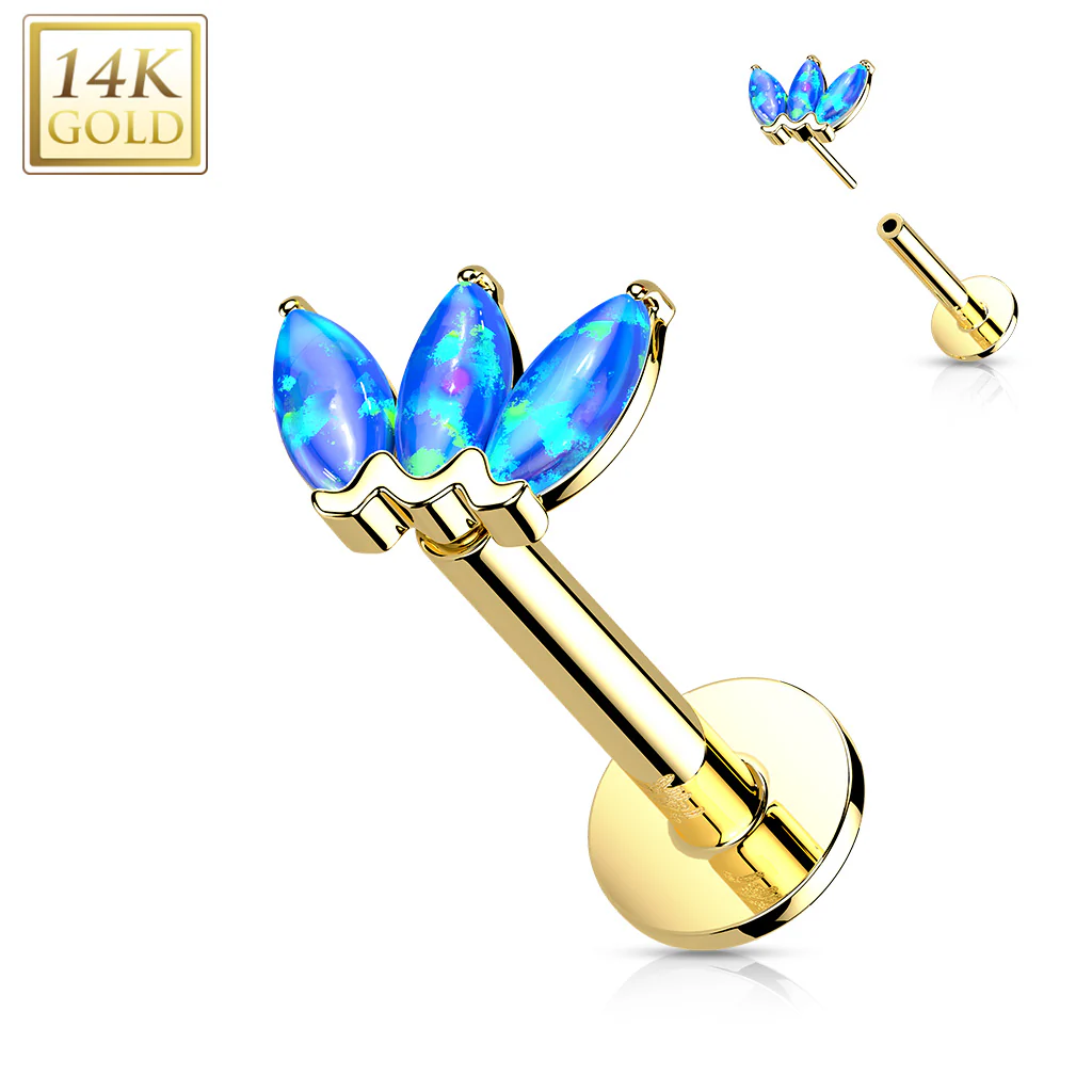 14K Solid Gold Threadless Opal Marquise Top Labret Flat Back Stud - Image 7