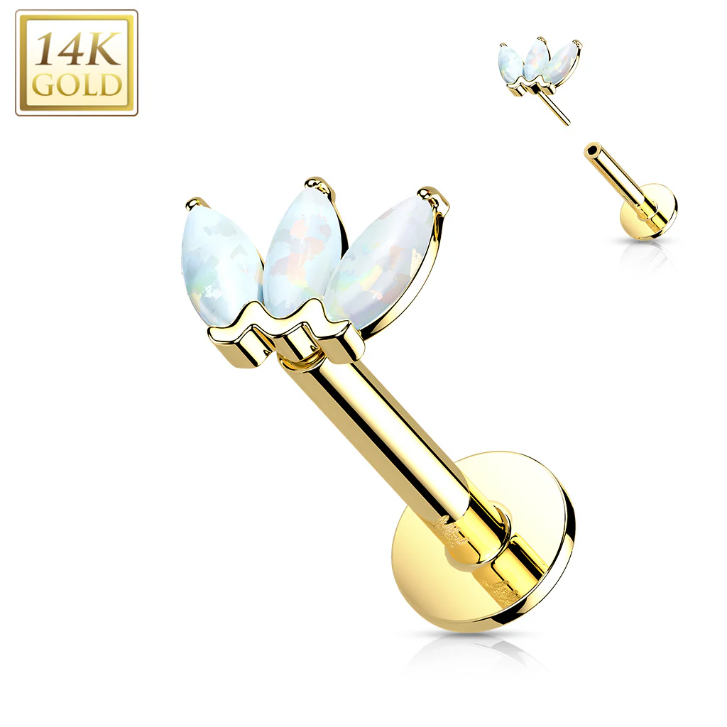 14K Solid Gold Threadless Opal Marquise Top Labret Flat Back Stud - Image 8