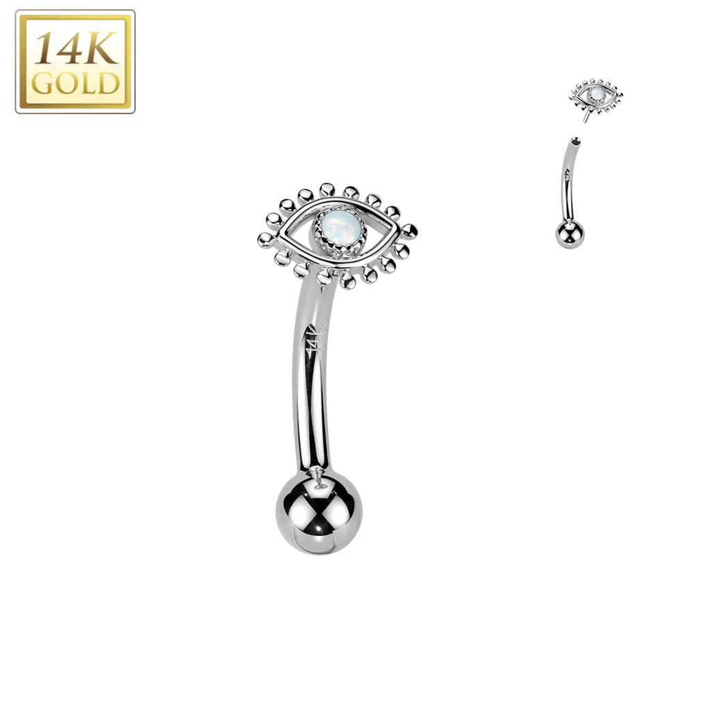 14K Solid Gold Threadless Push In Evil Opal Eye Curved Eyebrow Barbell - Image 2