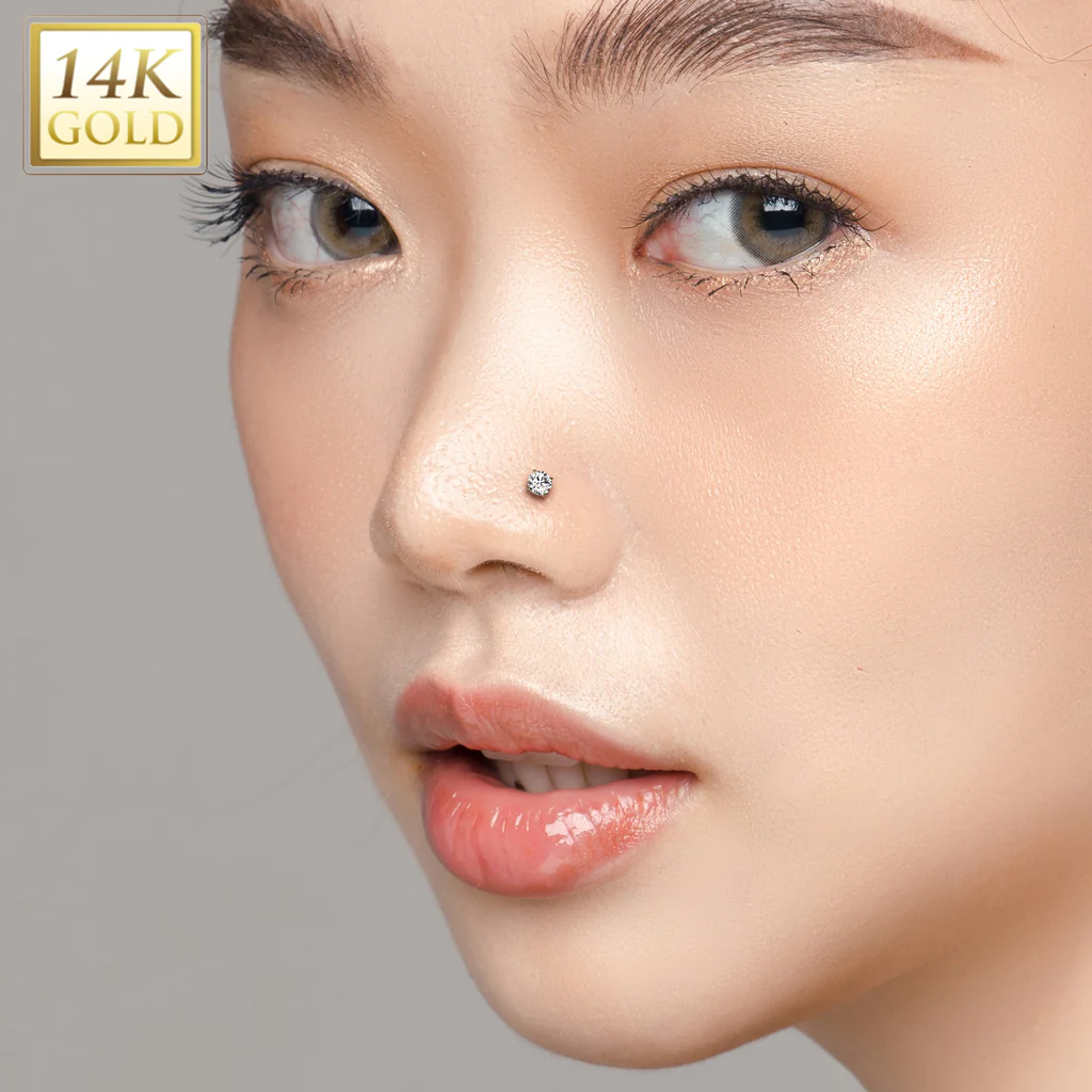 14K Solid Gold Threadless Push In Nose Stud With Prong CZ Top 20G - Image 2