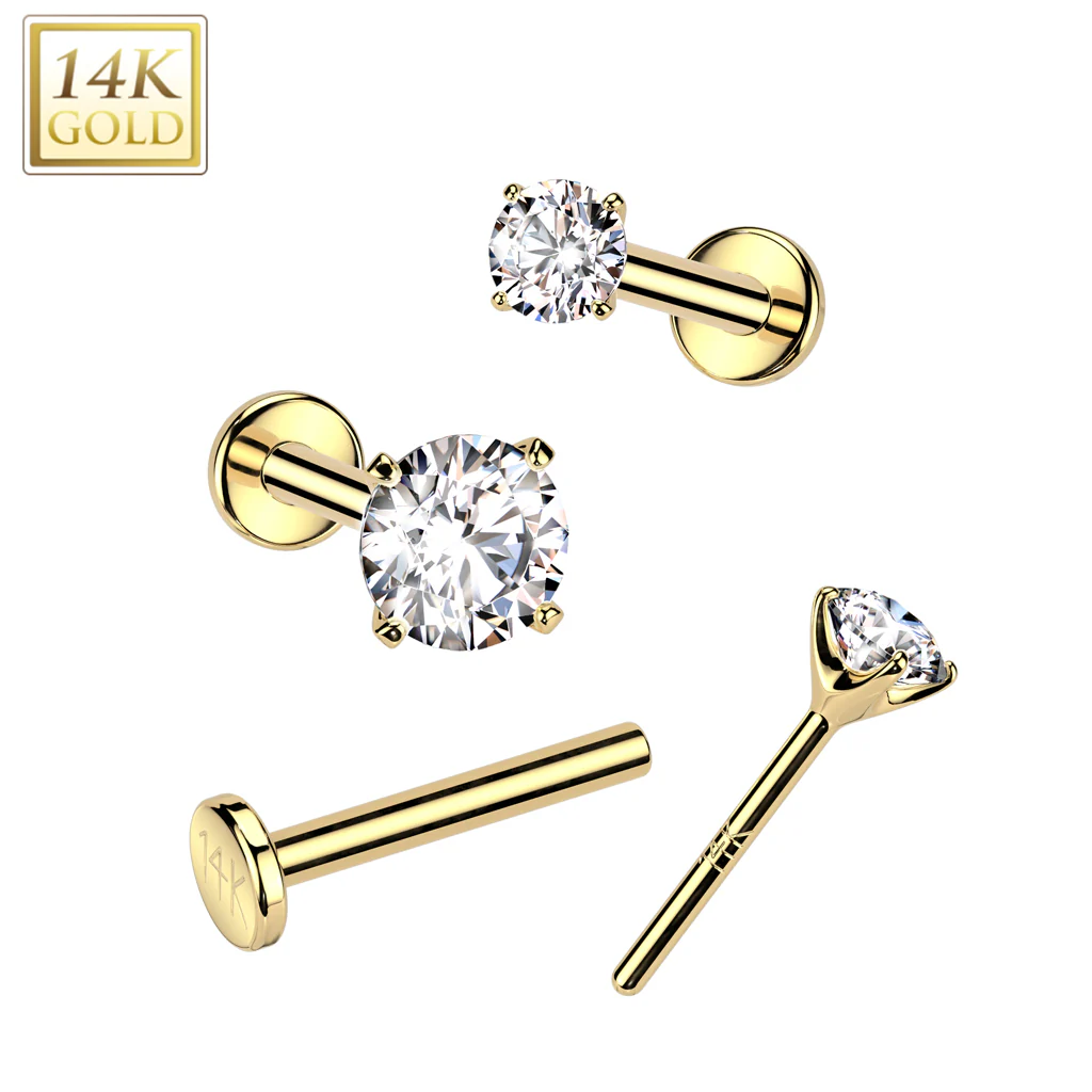 14K Solid Gold Threadless Push In Nose Stud With Prong CZ Top 20G - Image 4