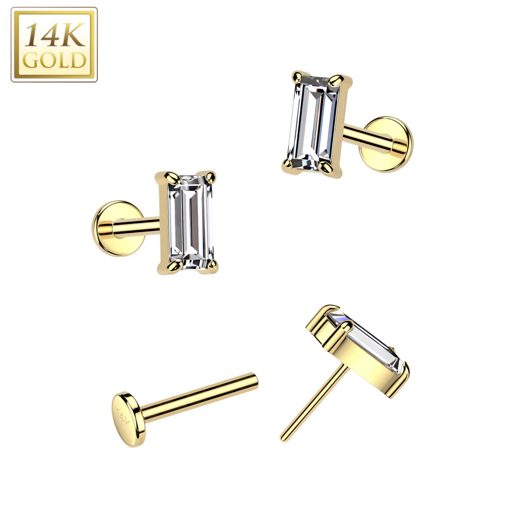14K Solid Gold Threadless Push In Baguette CZ Top For Nose, Ear Tragus - Image 2