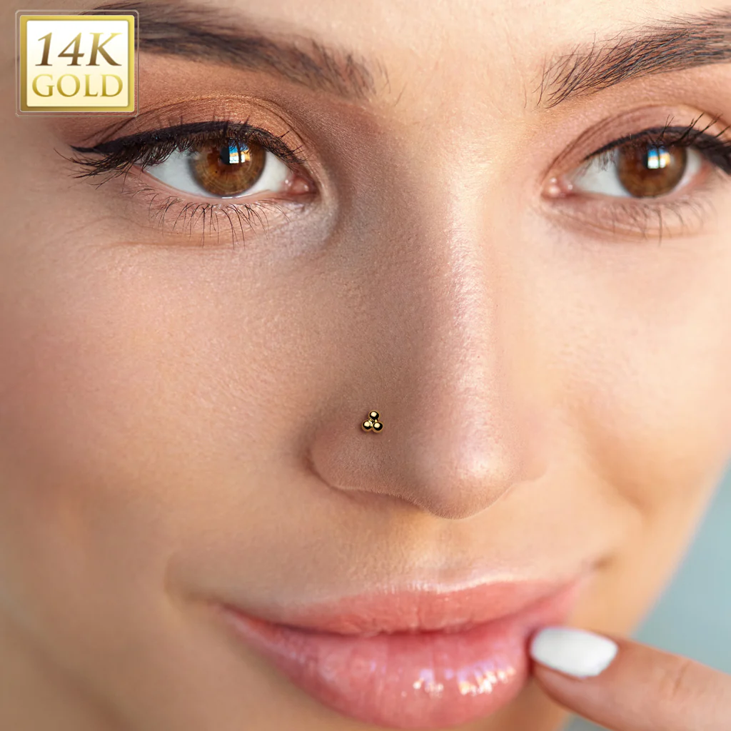 14K Solid Gold Threadless Push In Nose Stud With Triangular Ball Top - Image 2