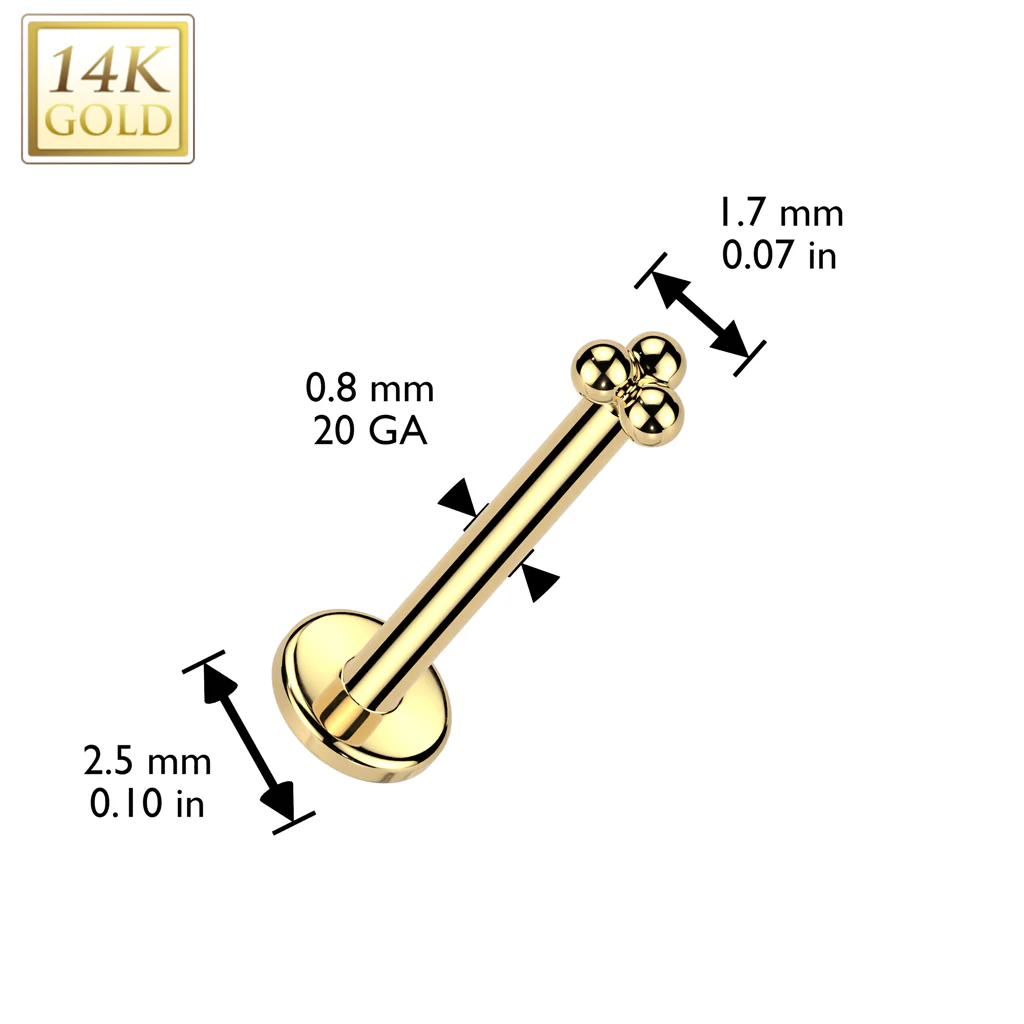 14K Solid Gold Threadless Push In Nose Stud With Triangular Ball Top - Image 3