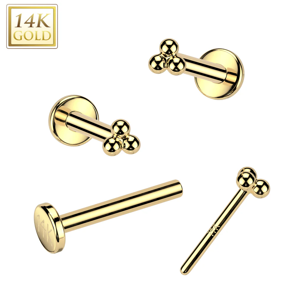 14K Solid Gold Threadless Push In Nose Stud With Triangular Ball Top - Image 4