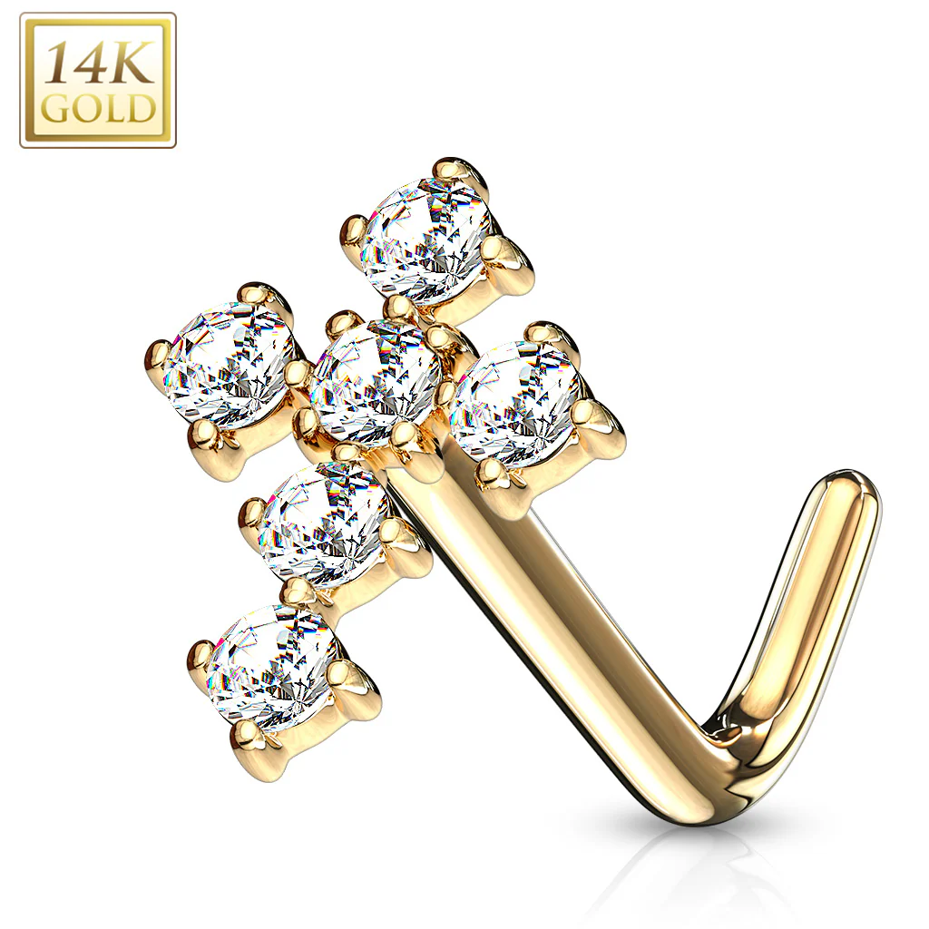 14K Solid Gold CZ Paved Cross Top L Bend Nose Ring - Image 5