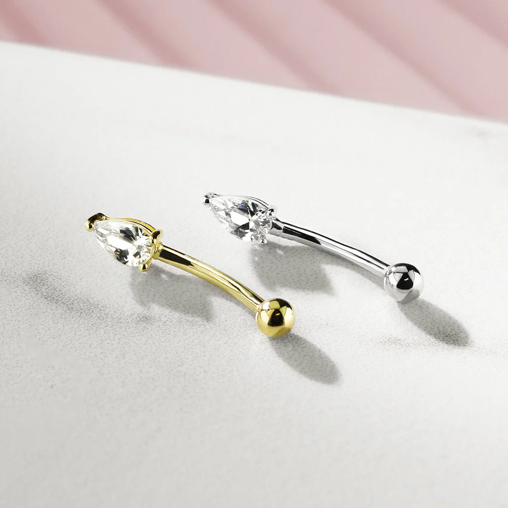 14K Solid Gold Tear Drop Prong Set CZ Curve Barbell Eyebrow Ring - Image 3