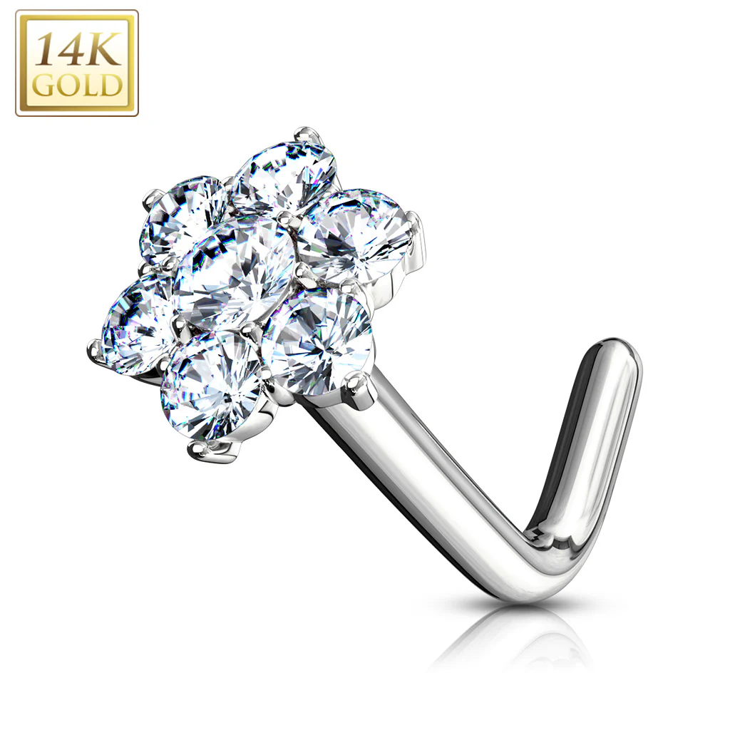 14K Solid Gold CZ Cluster Flower CZ Nose Ring - Image 4