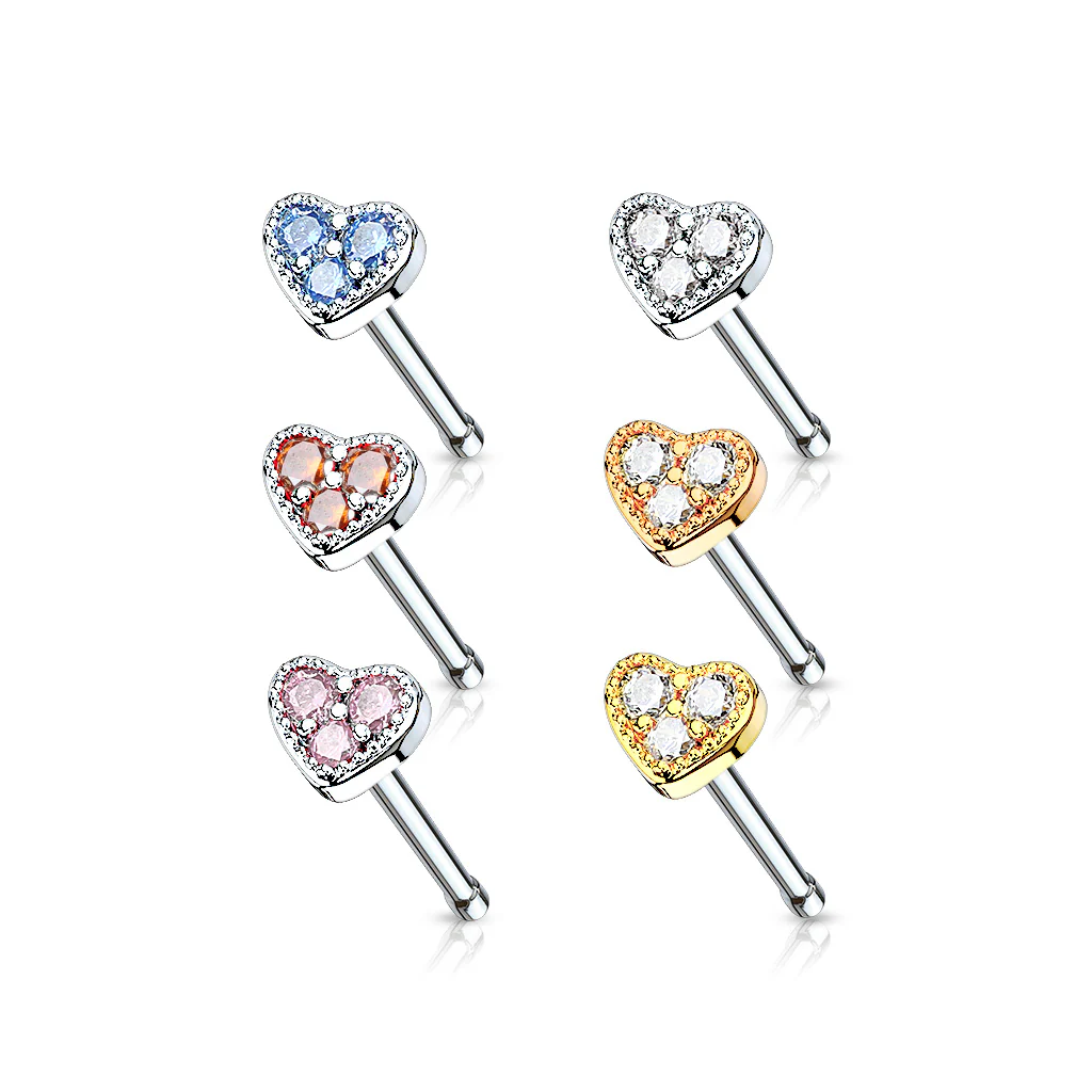 24 Pc Pre Loaded 3 CZ Heart Top Nose Bone Stud Rings - Image 2