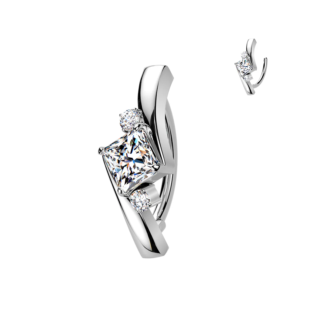 316L Hinged Belly Button Ring With Princess Cut CZ - Image 3
