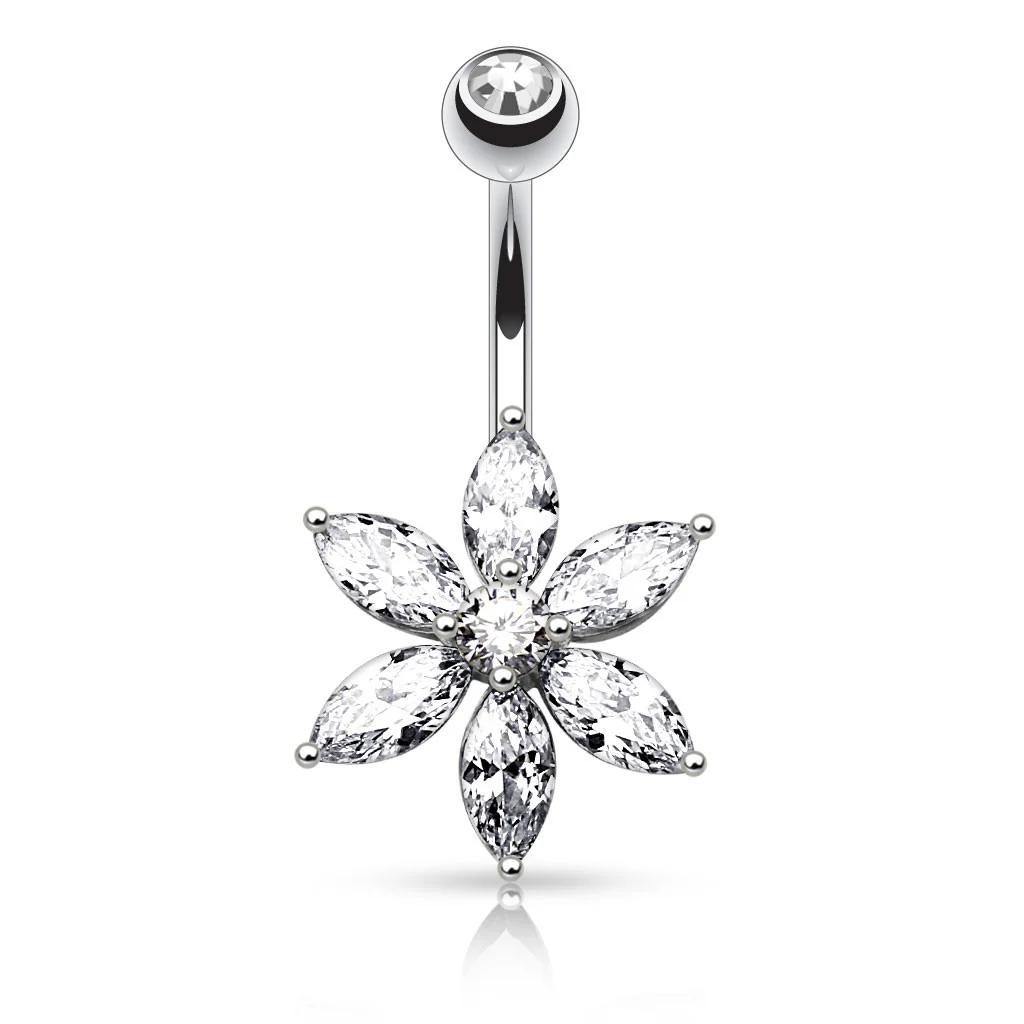 6 Marquise Cut CZ Petal Flower Navel Belly Button Ring - Image 2