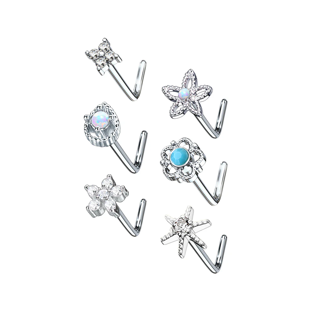6 Pc 20G Assorted Opal CZ Surgical Steel L Bend Nose Stud Rings Box - Image 2