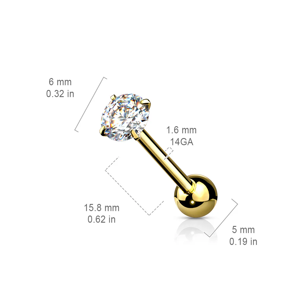 6 mm Prong Set Round CZ Surgical Steel Tongue Ring Barbells - Image 10