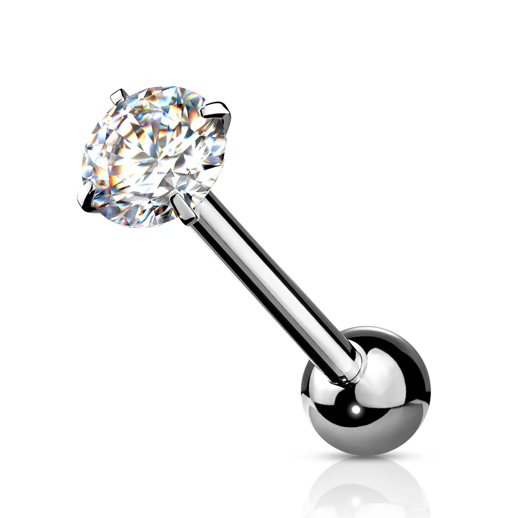 6 mm Prong Set Round CZ Surgical Steel Tongue Ring Barbells - Image 3