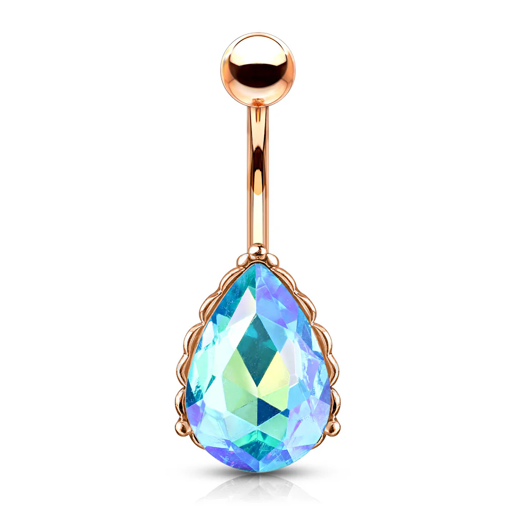 AB Effect Tear Drop CZ Rose Gold Belly Button Navel Rings - Image 7