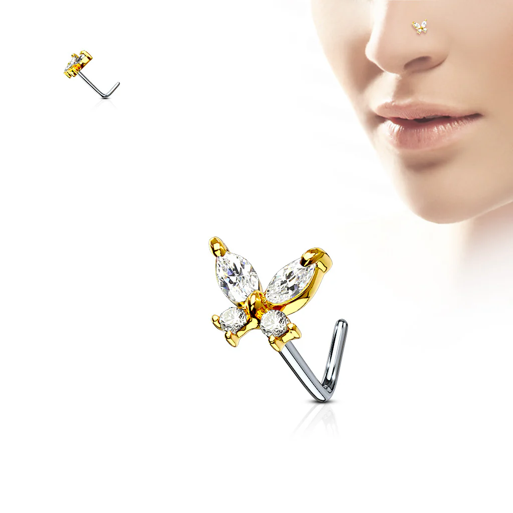 Butterfly CZ Top Surgical Steel L Bend Nose Stud Rings - Image 3