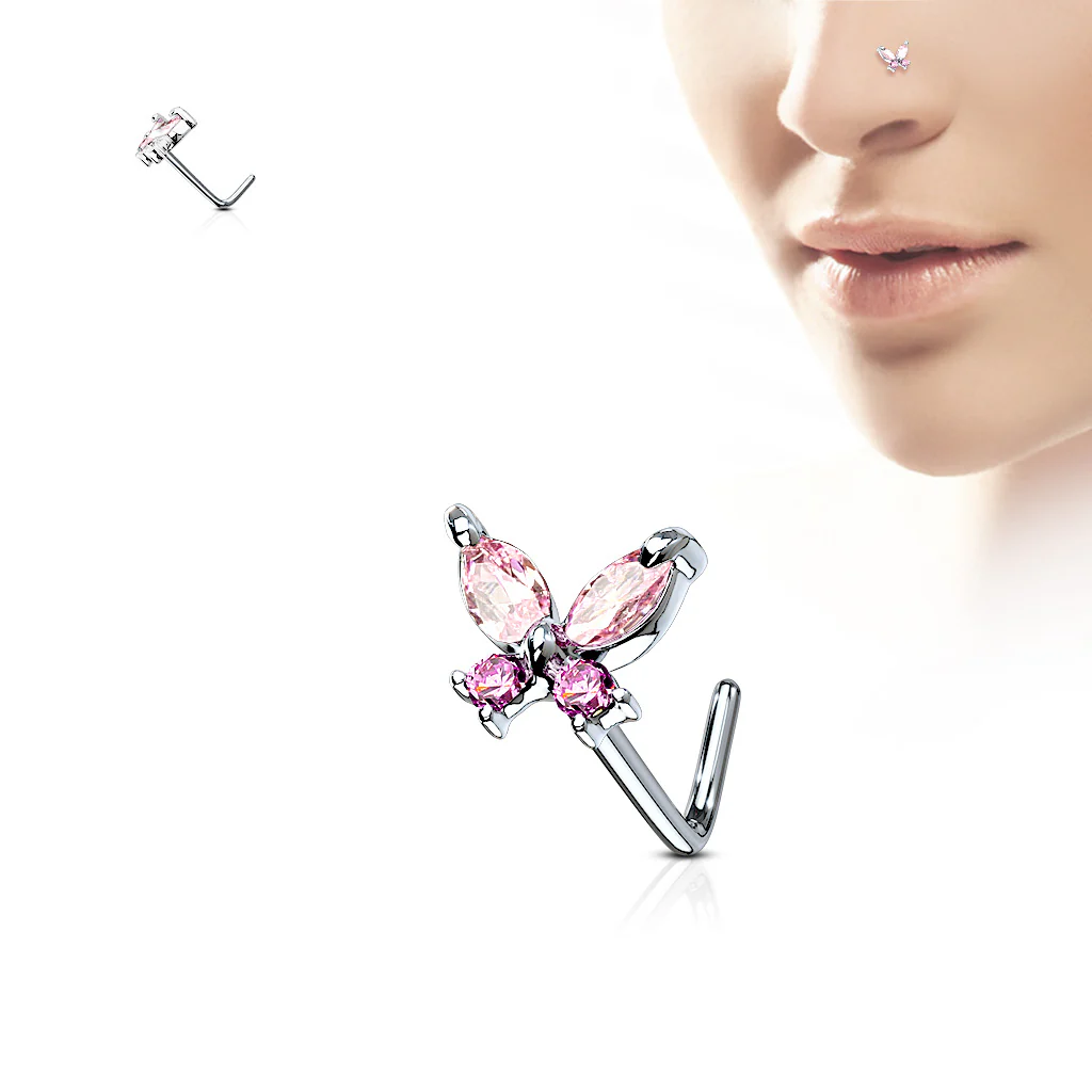 Butterfly CZ Top Surgical Steel L Bend Nose Stud Rings - Image 4