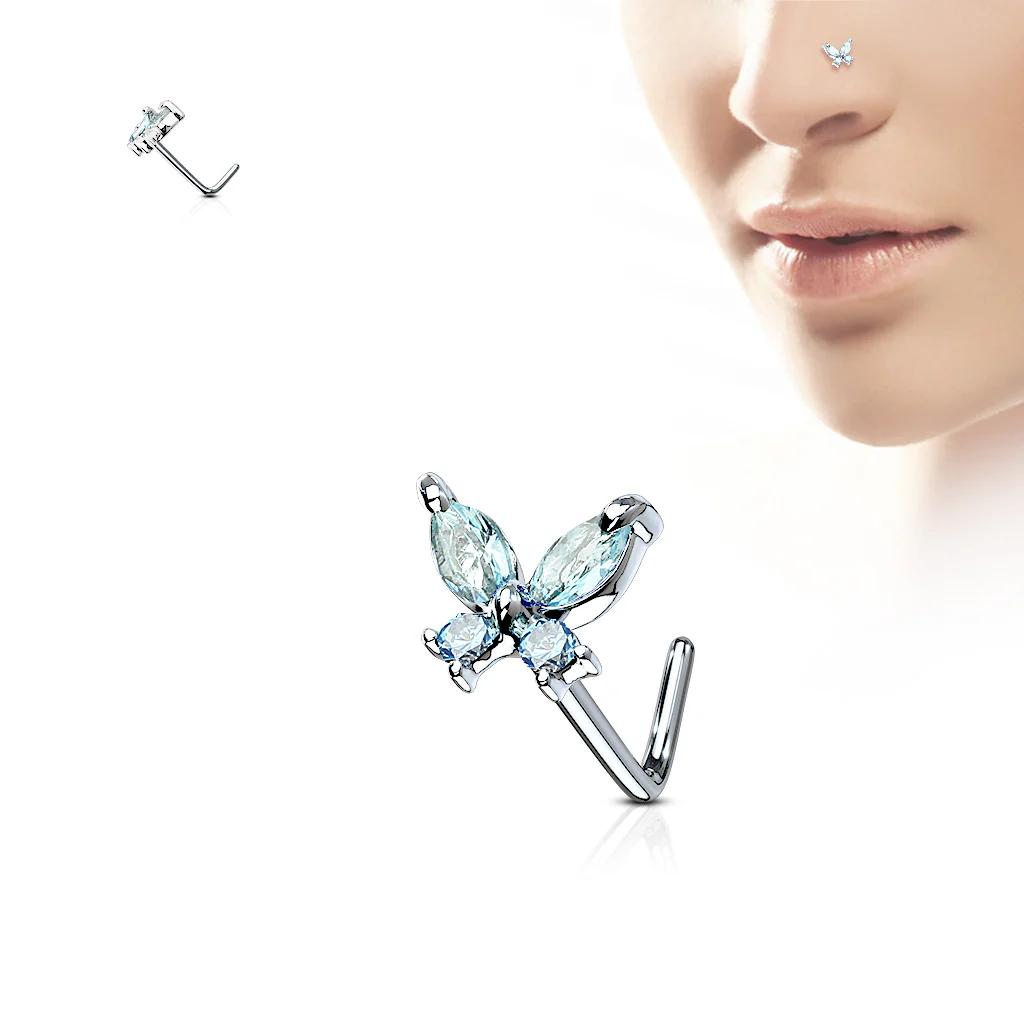 Butterfly CZ Top Surgical Steel L Bend Nose Stud Rings - Image 5
