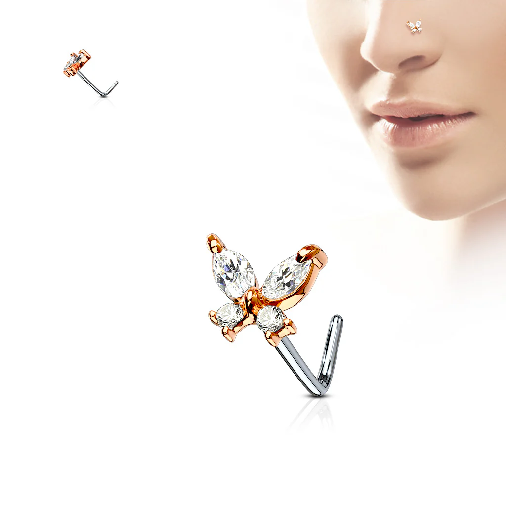 Butterfly CZ Top Surgical Steel L Bend Nose Stud Rings - Image 6