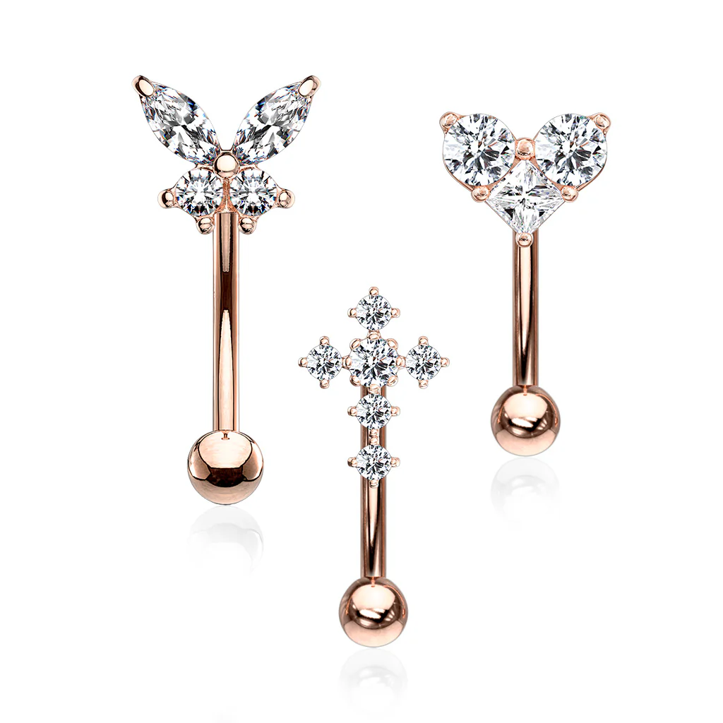 3 Pc Pre Loaded Butterfly Heart Cross Gold Eyebrow Ring Curved Barbells - Image 3
