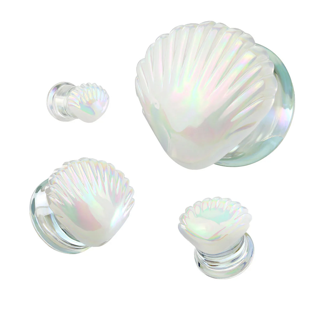 Pair Iridescent White Shell Double Flare Glass Ear Plugs