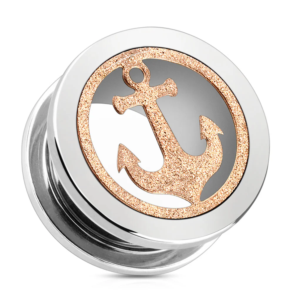 Pair Rose Gold Glittery Anchor with 316L Surgical Steel Screw Fit Tunnel