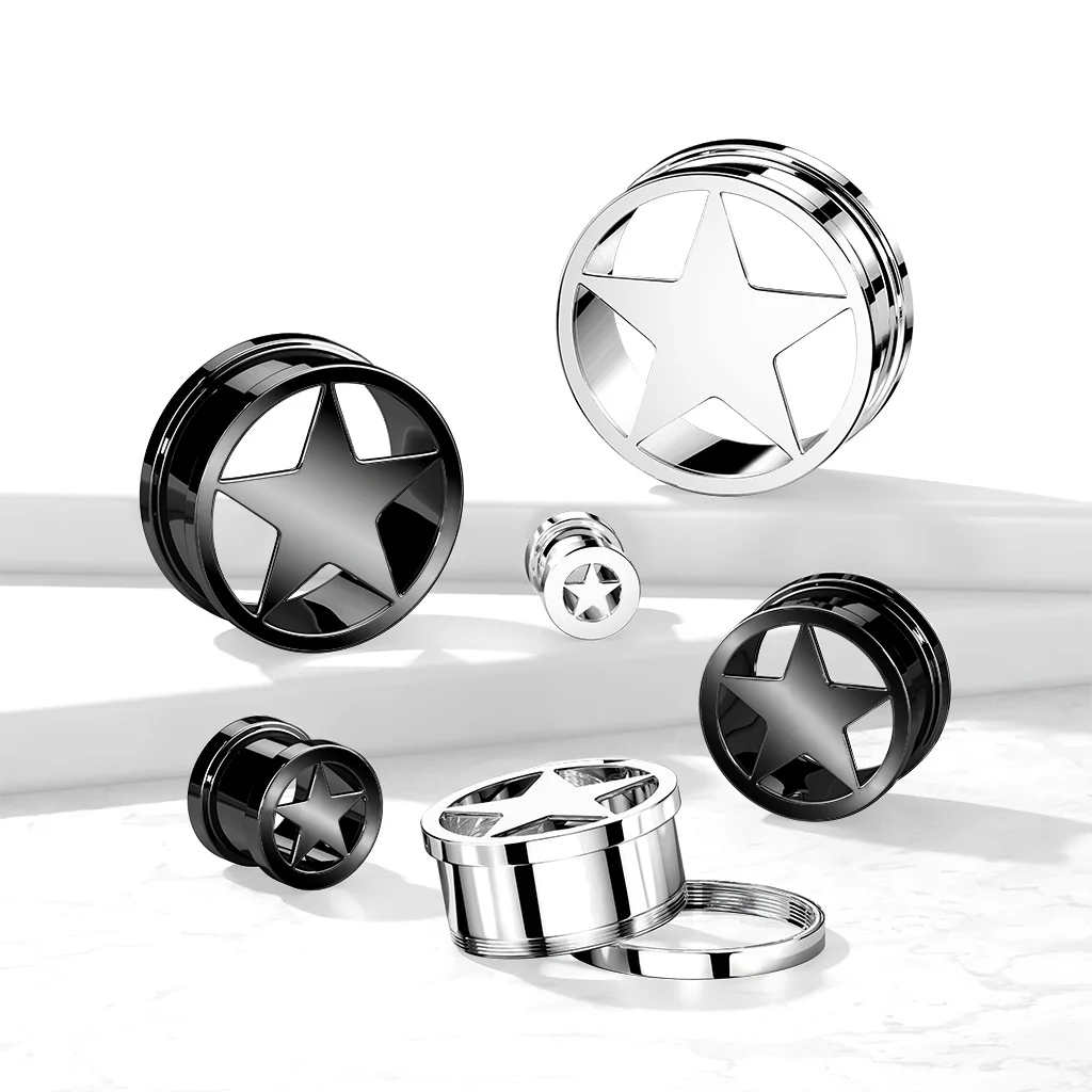 Pair Star 316L Surgical Steel Screw Fit Flesh Tunnels Plugs