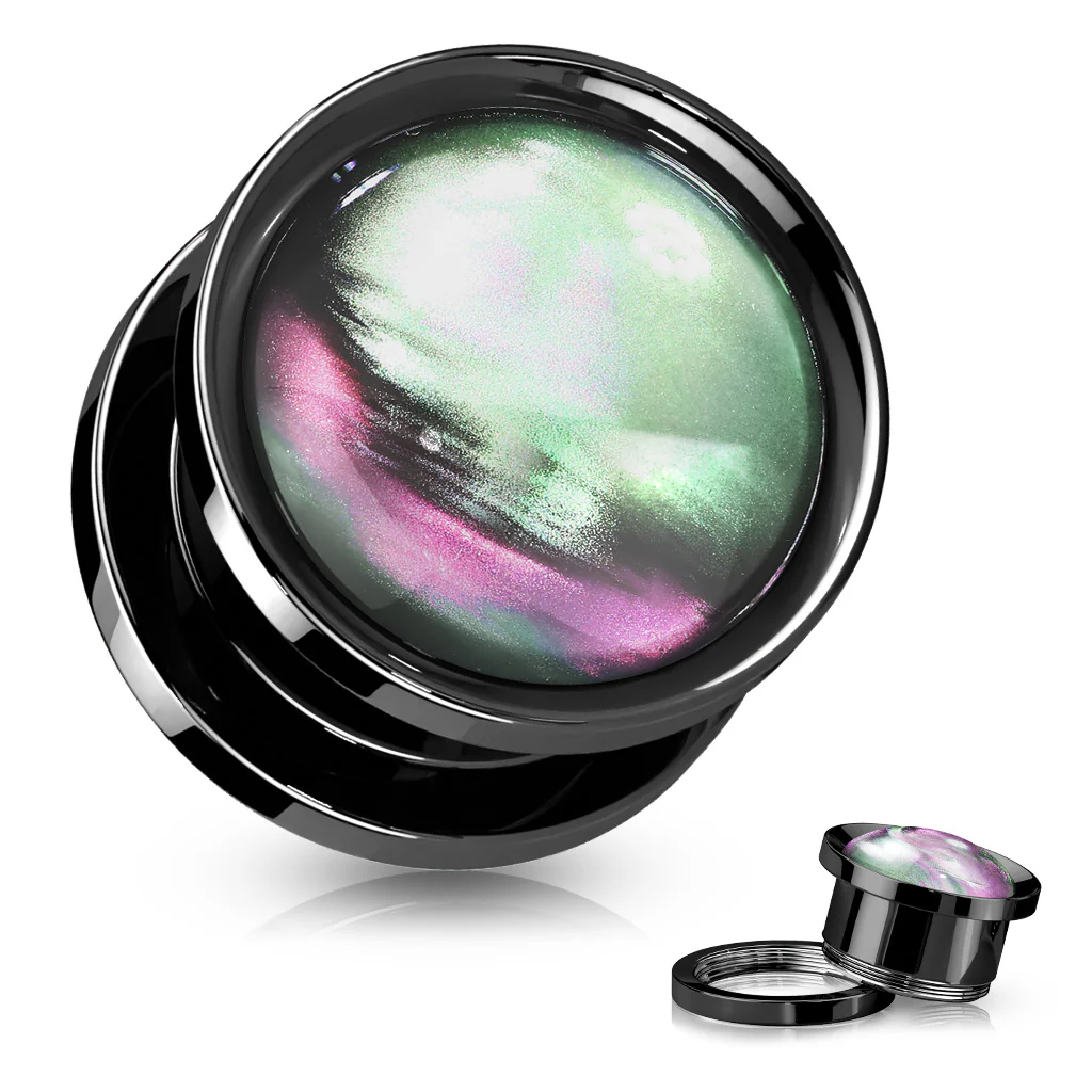 Pair Multi Color Shell Black Steel Screw Fit Flesh Tunnels Plugs - Image 3