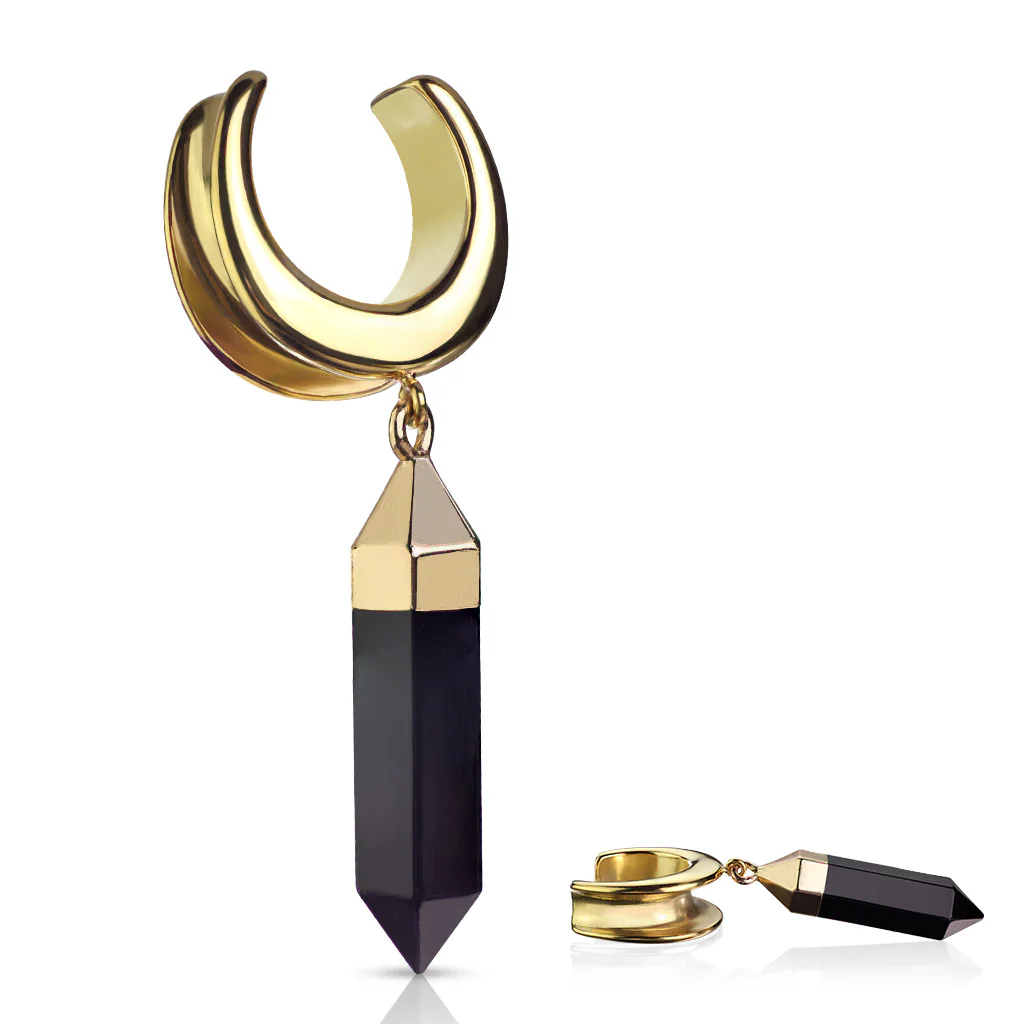 1 Pc Gold Saddle Spreader With Onyx Dangle Ear Plugs - Image 2