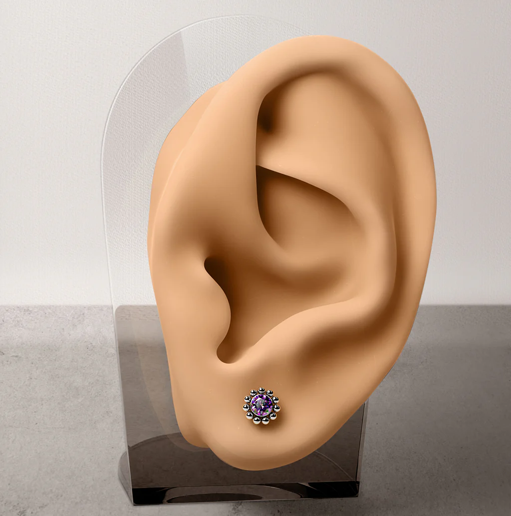 1 Pc Implant Titanium Threadless Earring Stud With CZ & Beaded - Image 2
