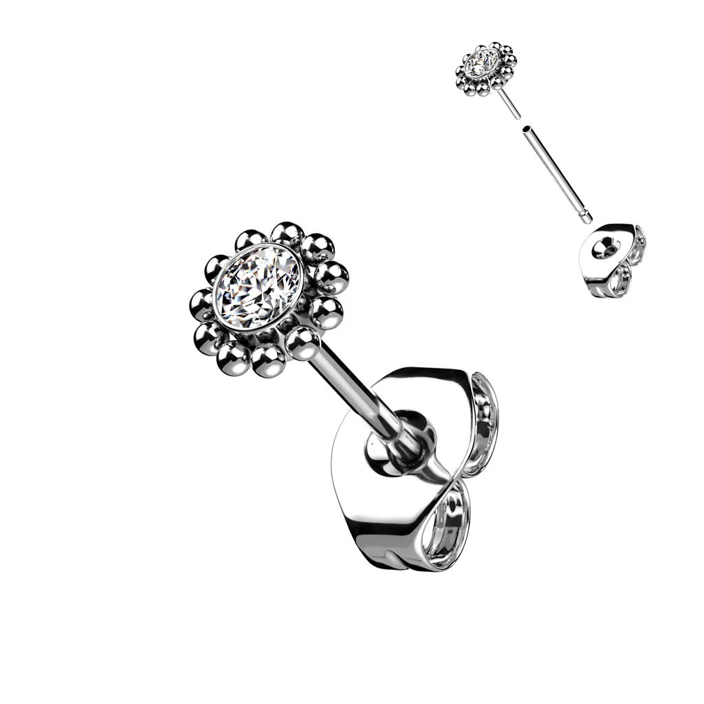 1 Pc Implant Titanium Threadless Earring Stud With CZ & Beaded - Image 5