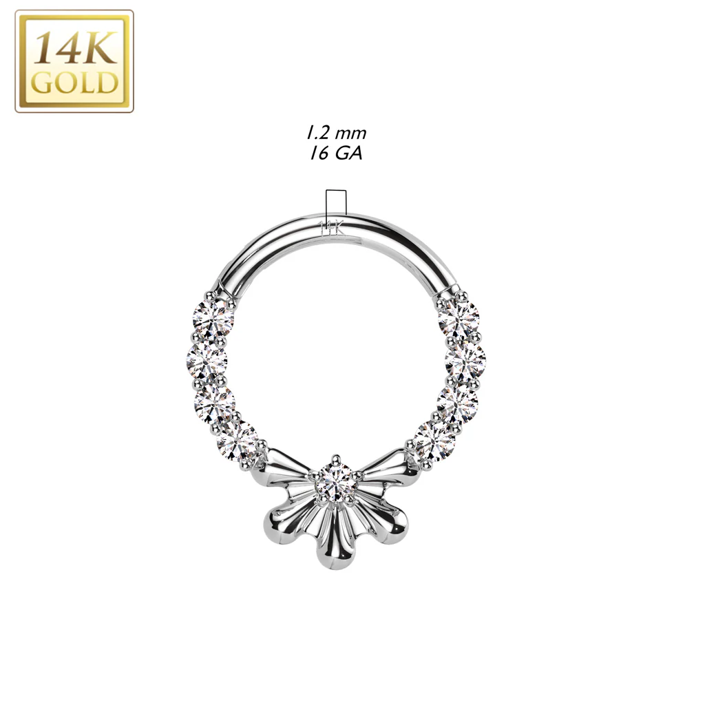 14K Solid Gold CZ Flower Segment Hoop Ring Nose Septum Daith - Image 2