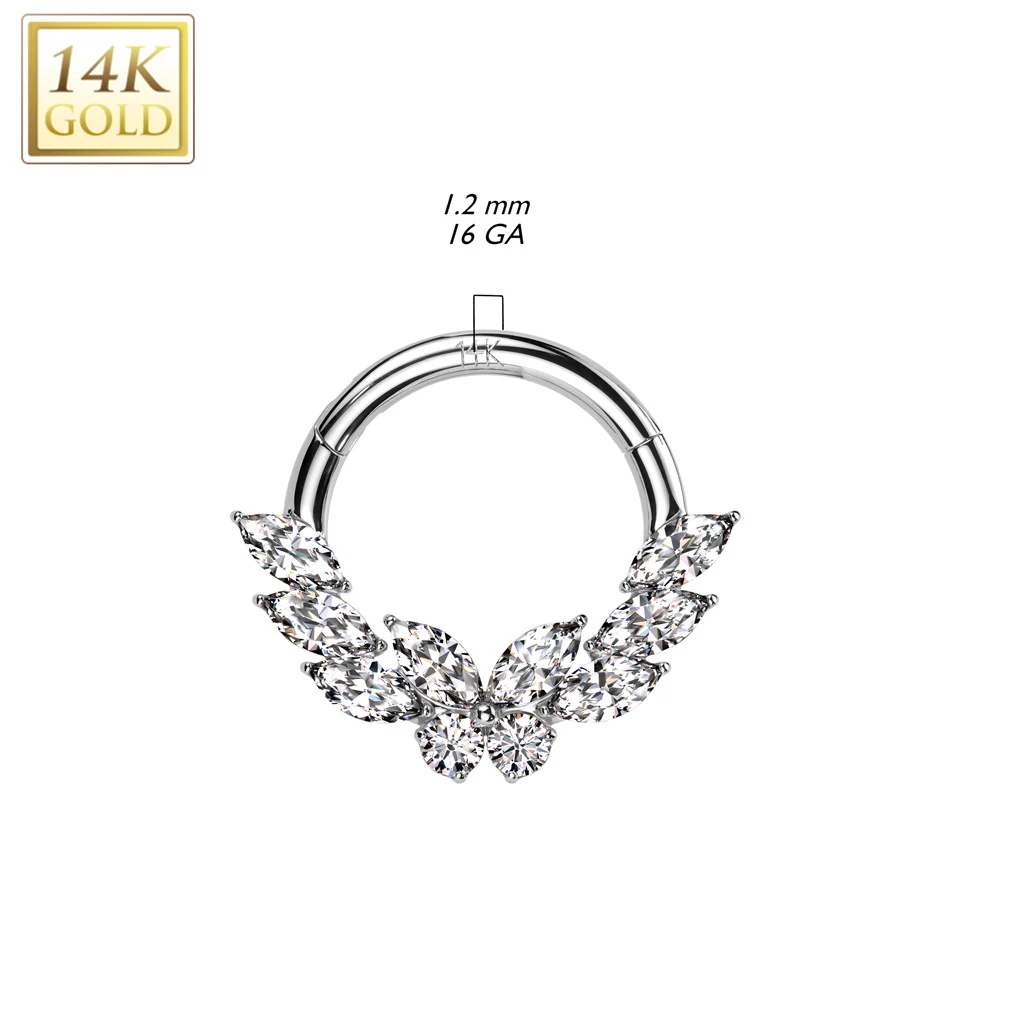 14K Solid Gold CZ Butterfly Segment Hoop Ring Nose Septum Daith - Image 2