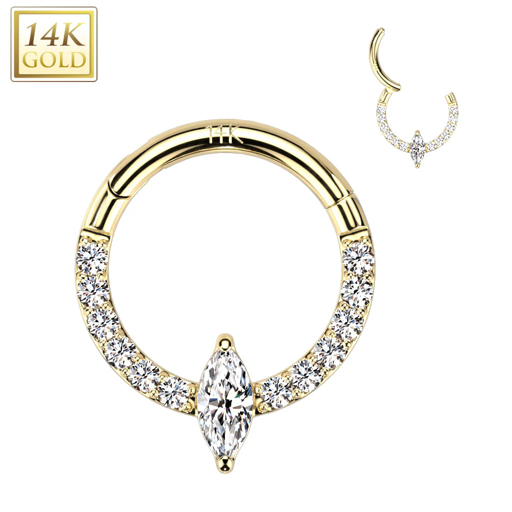 14K Solid Gold Marquise CZ Hinged Segment Hoop Ring Nose Septum Daith - Image 3