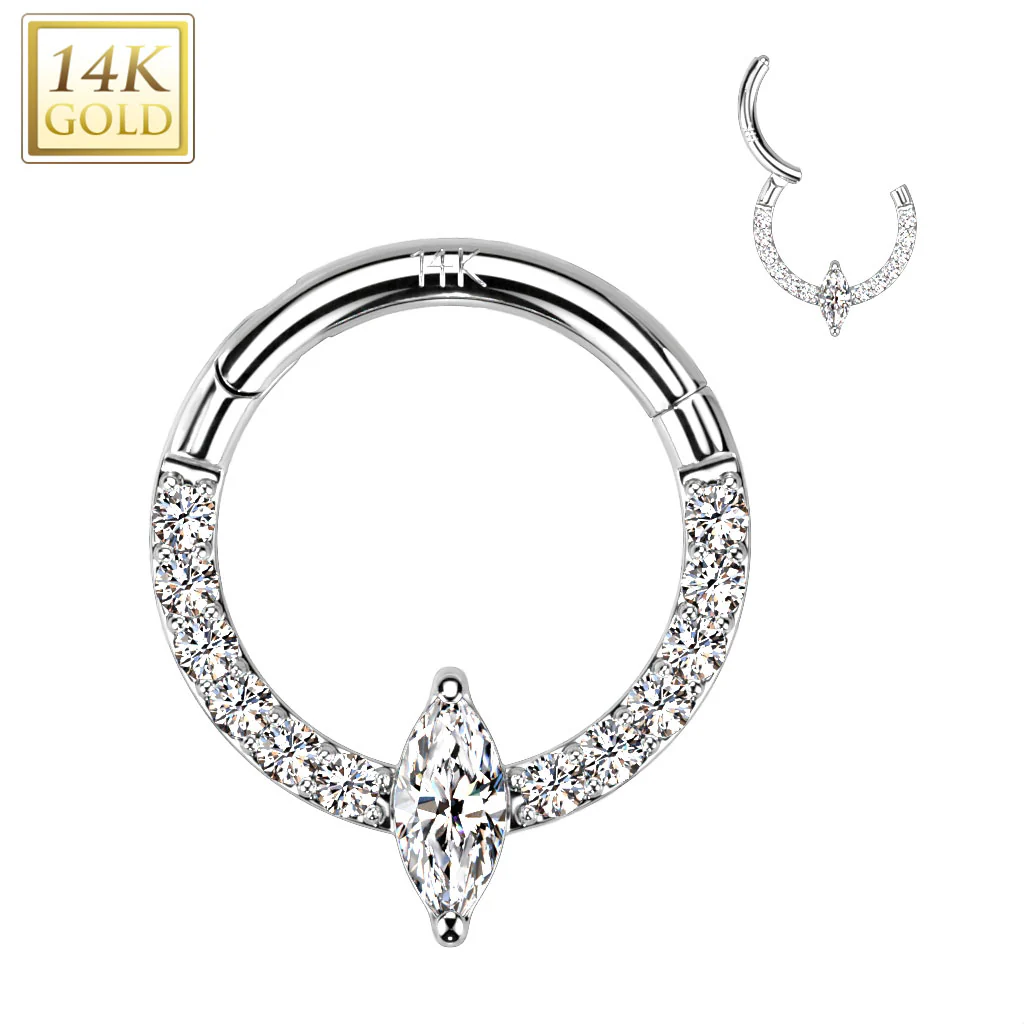 14K Solid Gold Marquise CZ Hinged Segment Hoop Ring Nose Septum Daith - Image 4