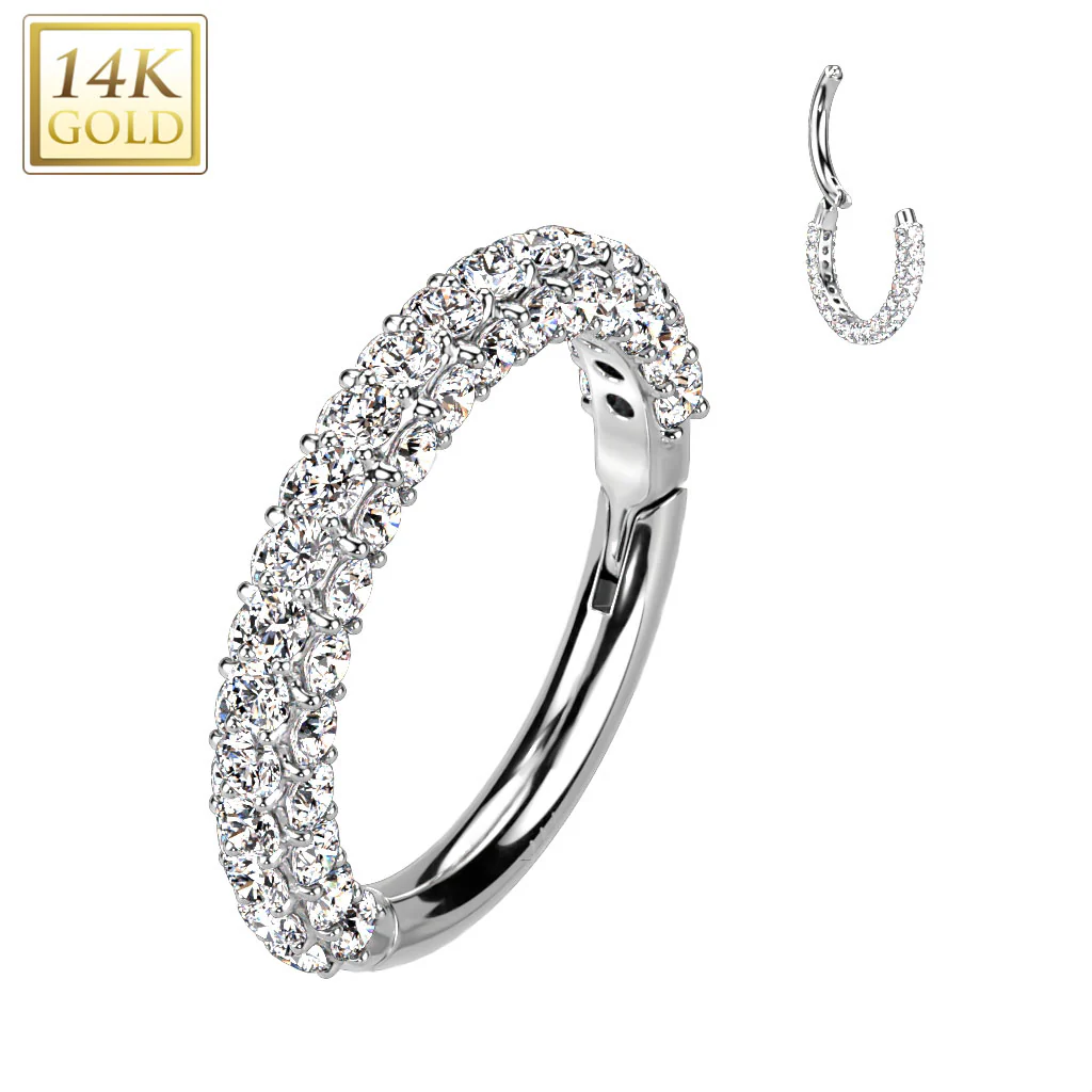 14K Solid Gold Pave CZ Hinged Hoop Segment Ring Nose Septum Cartilage - Image 4