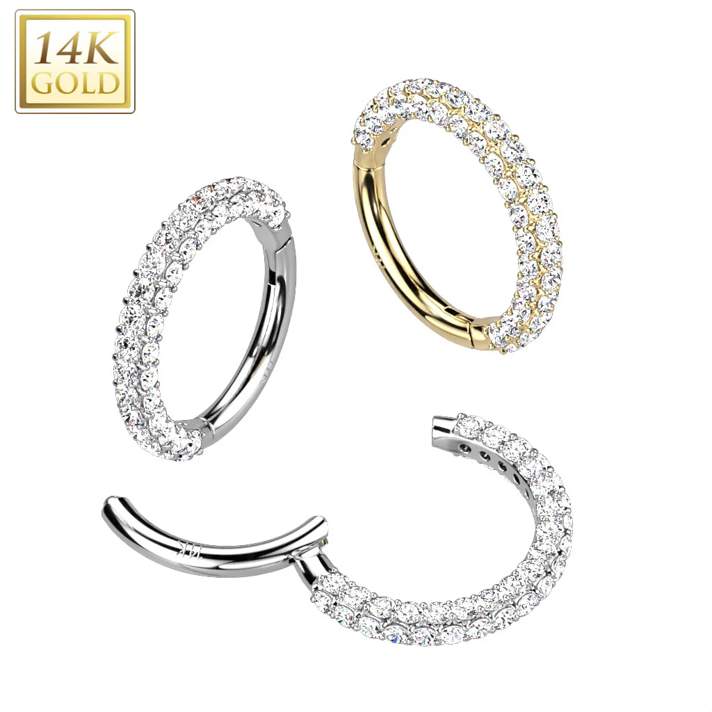 14K Solid Gold Pave CZ Hinged Hoop Segment Ring Nose Septum Cartilage - Image 5