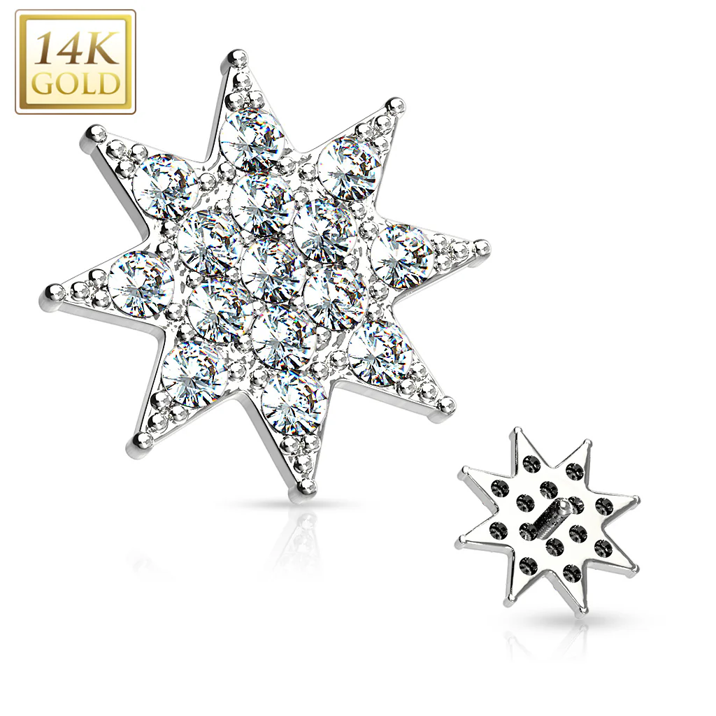 14K Solid Gold 8 mm CZ Paved Star Burst Dermal Anchor Top - Image 4