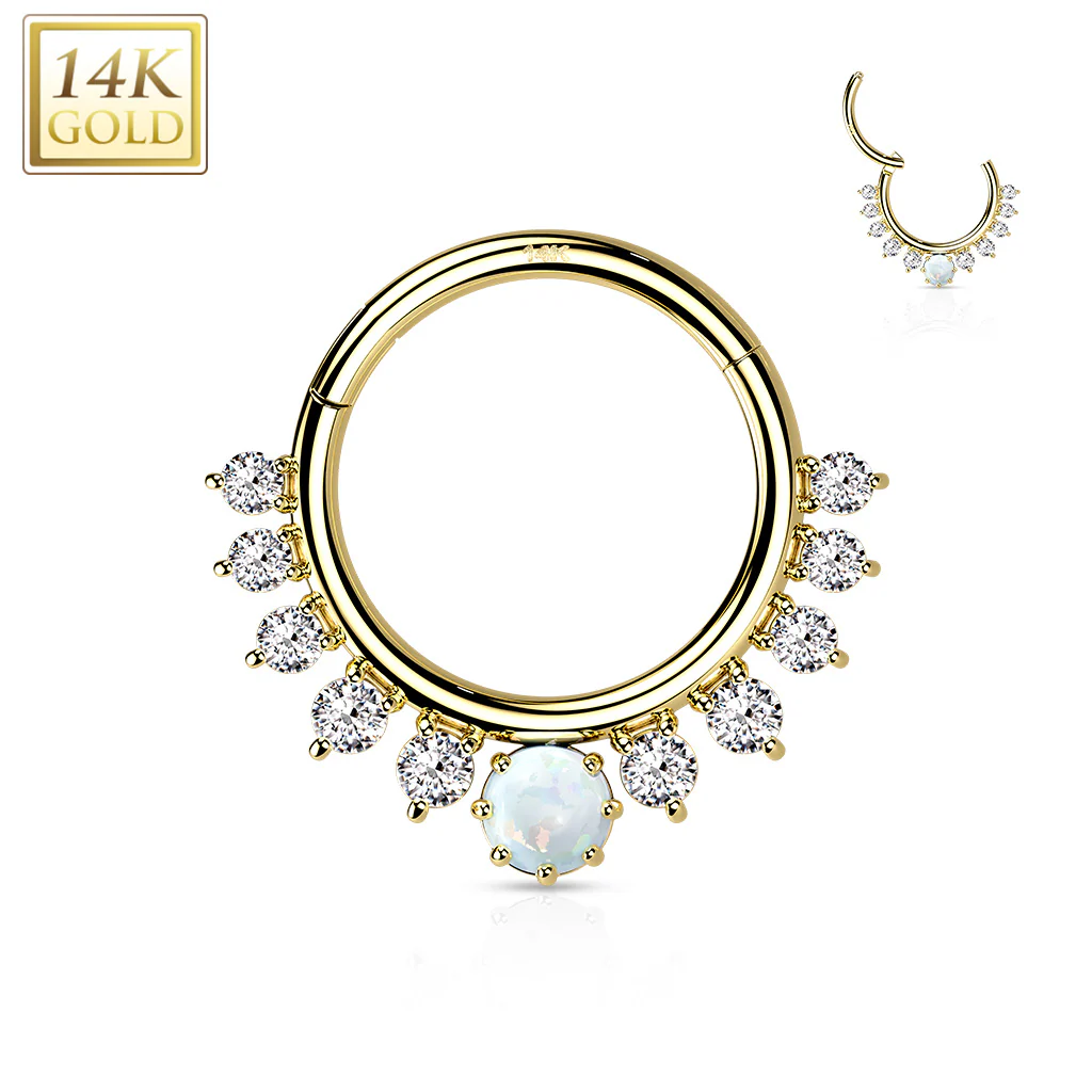 14K Solid Gold CZ Opal Hinged Segment Hoop Ring Nose Septum Daith - Image 4