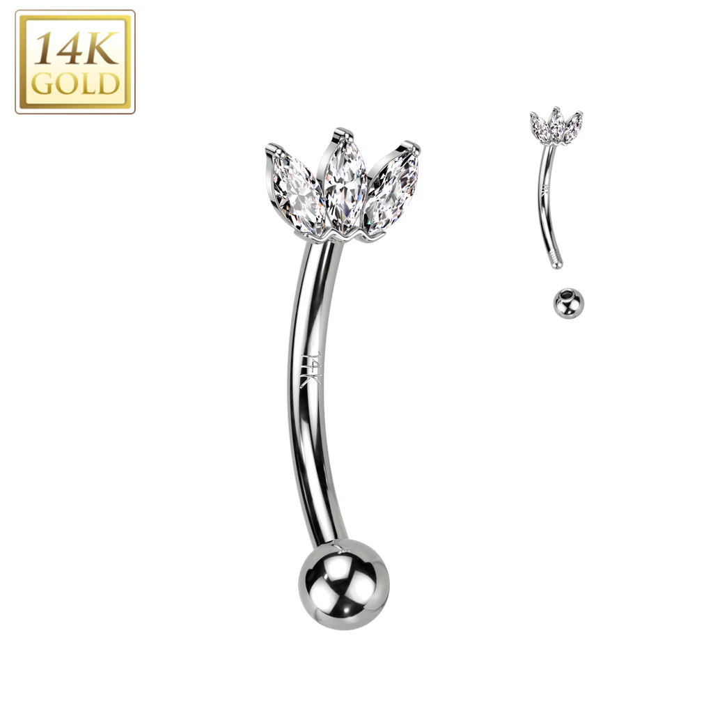 14K Solid Gold Triple CZ Marquise Fan Curved Eyebrow Ring - Image 2
