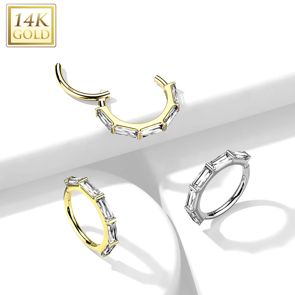 14K Solid Gold Baguette Hinged Segment Hoop Ring Nose Septum Daith