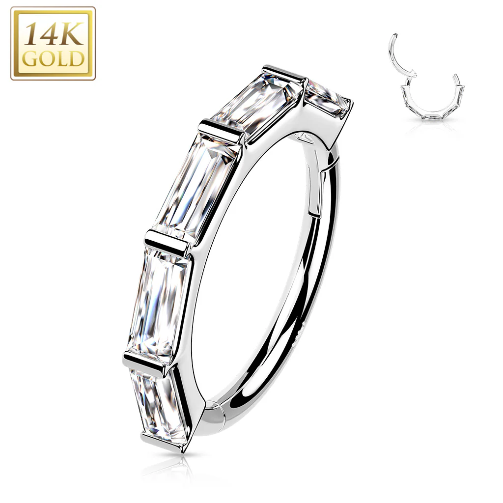14K Solid Gold Baguette Hinged Segment Hoop Ring Nose Septum Daith - Image 3
