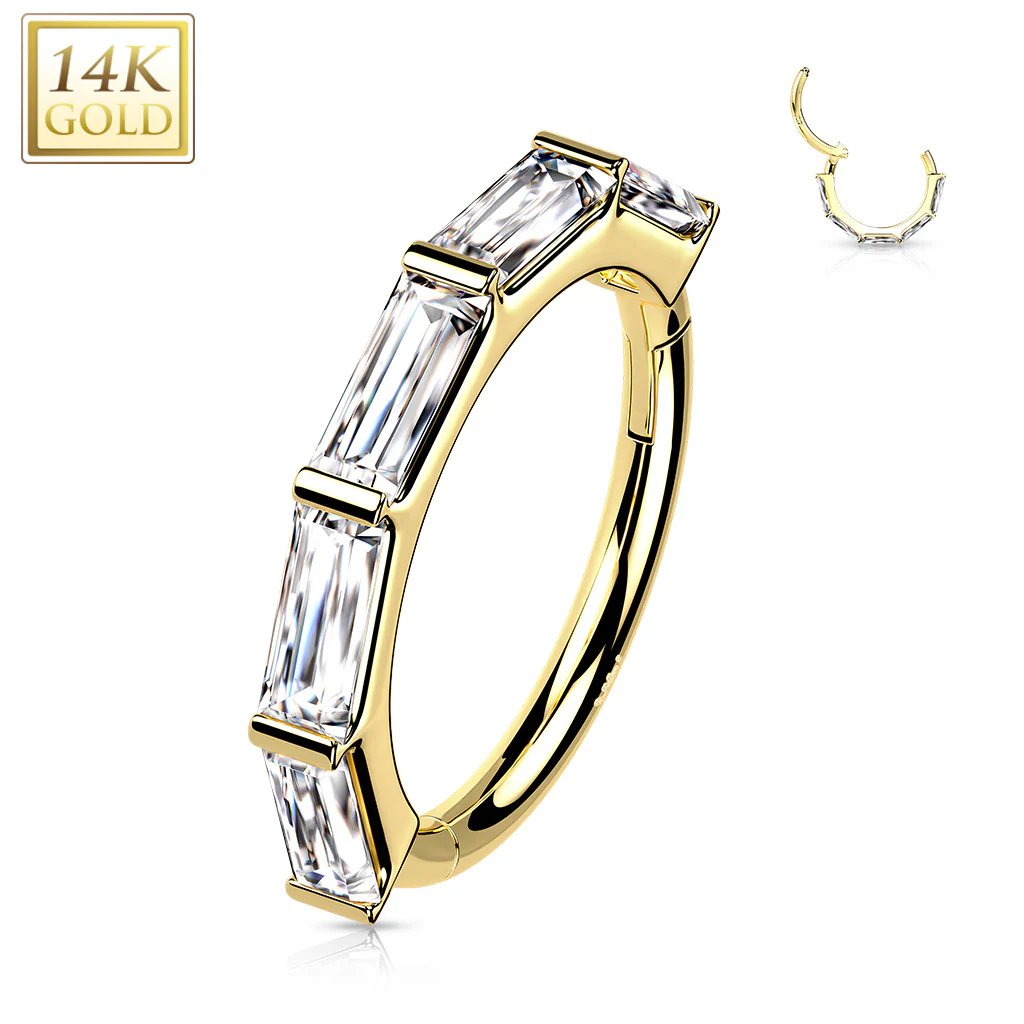 14K Solid Gold Baguette Hinged Segment Hoop Ring Nose Septum Daith - Image 4