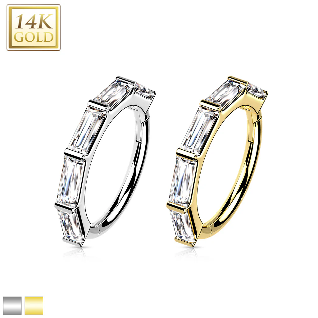 14K Solid Gold Baguette Hinged Segment Hoop Ring Nose Septum Daith - Image 5