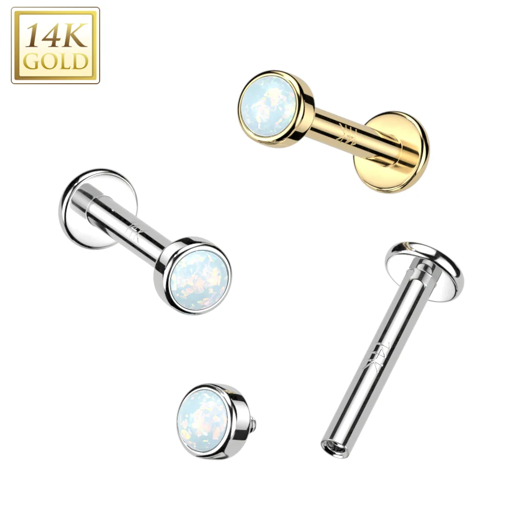 14K Solid Gold Internally Threaded Labret Stud Bezel Opal Top Tragus - Image 4