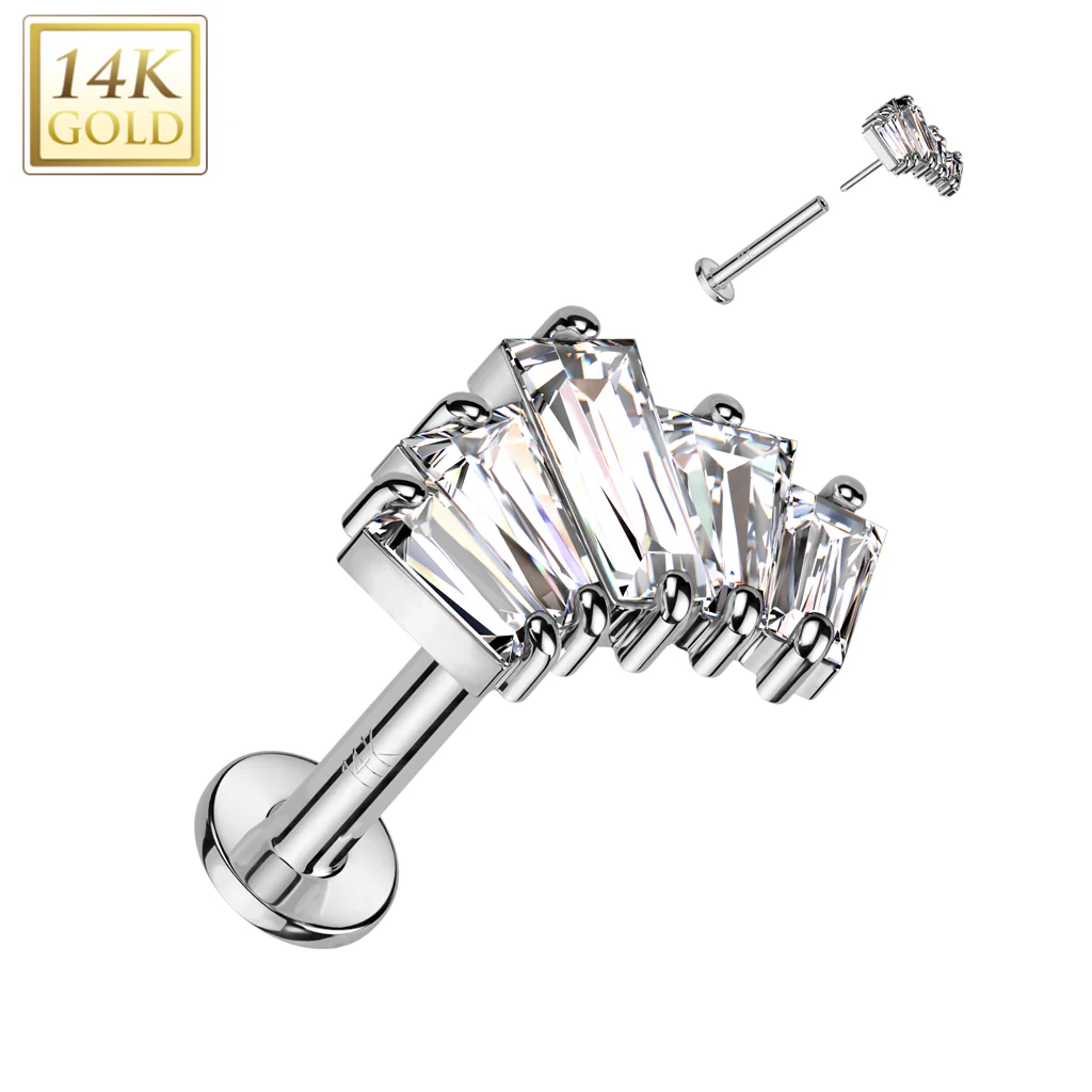 14K Solid Gold Threadless Labret With 5 CZ Fan Top - Image 3