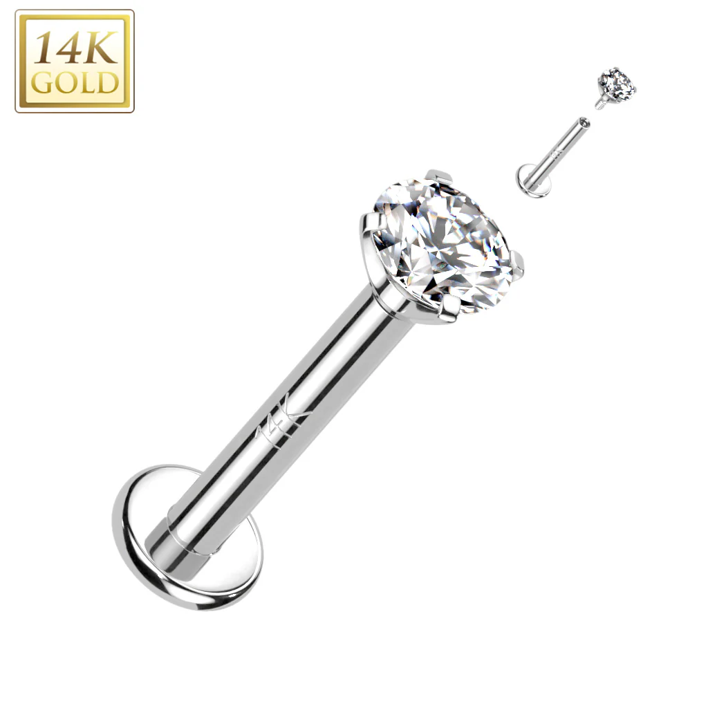 14K Solid Gold Internally Threaded Labret Stud Prong set CZ Top Tragus - Image 4
