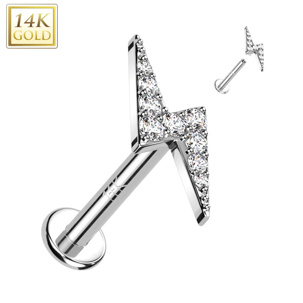 14K Solid Gold Internally Threaded Labret Stud Lightning Top Tragus - Image 3